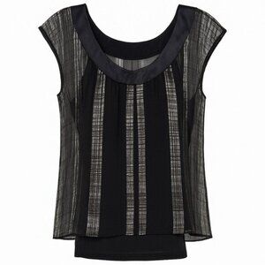 Poleci Sheer Black Silver Silk Top 6 Satin Detail Cap Sleeve Vintage Evening Top